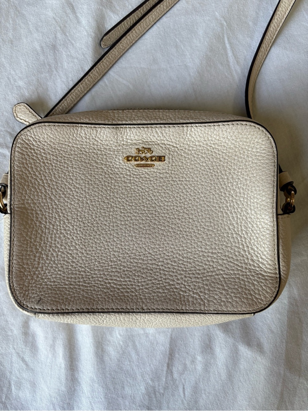 Coach Cream Pebbled Leather Camera Bag Crossbody with Gold Hardware